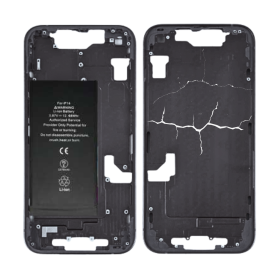 Coque, Structure - Châssis iPhone 14 Noir - sans Connecteur de Charge avec Batterie sans Vitre Arrière (Origine Demonté) - Cassé