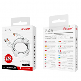 Câble USB Lightning 2M Blanc D-power F2003 | Performance et Fiabilité pour vos Appareils