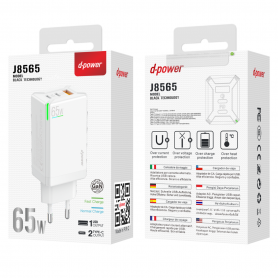 Adaptateur Secteur 65W 3 Ports 1USB + 2 Type-C - D-power J8565 - Blanc
