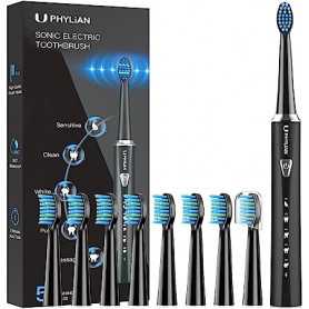 Brosse à dents électrique PHYLIAN Sonic avec 8 têtes de brosse de rechange et 5 modes de nettoyage(Reconditionné)