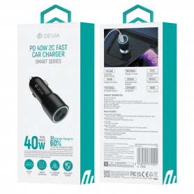 Chargeur Allume-Cigare 2 USB-C 40W Devia Smart Series Noir Performances et Rapidité pour vos Appareils en Déplacement