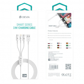 Câble 3 en 1 Devia Smart Series 1.2M Blanc - USB Micro USB Lightning Type-C Haute Qualité