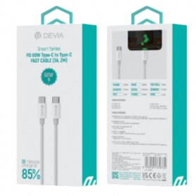 Câble USB-C à USB-C Rapide - Devia Smart Series PD 60W 3A 2M Blanc - Recharge Optimisée