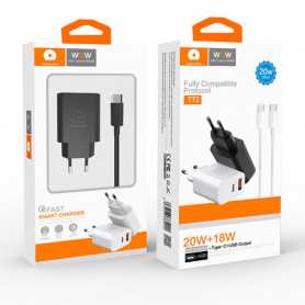 Kit Chargeur USB-C 20W + USB 18W + Cable Lightning - Blanc (WUW T72)