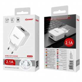Kit de Chargeur USB/Type C 2.1A D-power J8528 Blanc - Puissance et Fiabilité