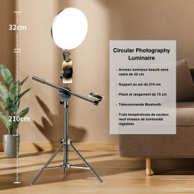 MOBET M666 - Luminaire Circulaire LED 2.4G à Télécommande pour Photographie 32 CM
