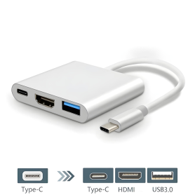 Hub Type-C 3 en 1: HDMI 4K, USB C 3.0, Type-C - Connectivité maximale en argent