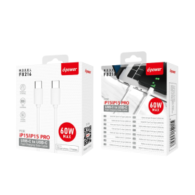 Câble Type-C 60W – D-power F8216 1M Blanc – Charge Rapide et Fiable