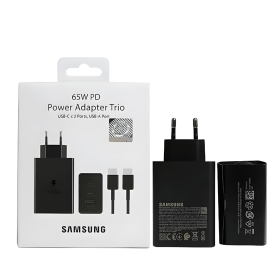 Kit Chargeur Type-C / Type-C Samsung 65W PD Power Adapter Trio 2 USB-C + USB - Noir - Retail Box (Origine)