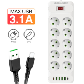 Multiprise INCOALUXE 10 Prises EU 4 USB 2 Type-C 2500W avec Câble 2m Performant et Polyvalent