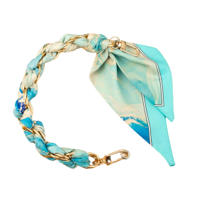 Collier de Coque Téléphone - Foulard Soie Turquoise, Fermoir Argenté, 34CM