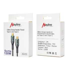 Câble Type-C / Type-C (USB-C) compatible avec iPhone et Samsung - Tresse en nylon - Voyant lumineux - 120W - 1m - Mayline