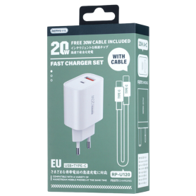 Kit Chargeur 20W USB Type-C avec Câble REMAX Kiddy Series RP-U120 - EU - Blanc | Charge Rapide et Efficace